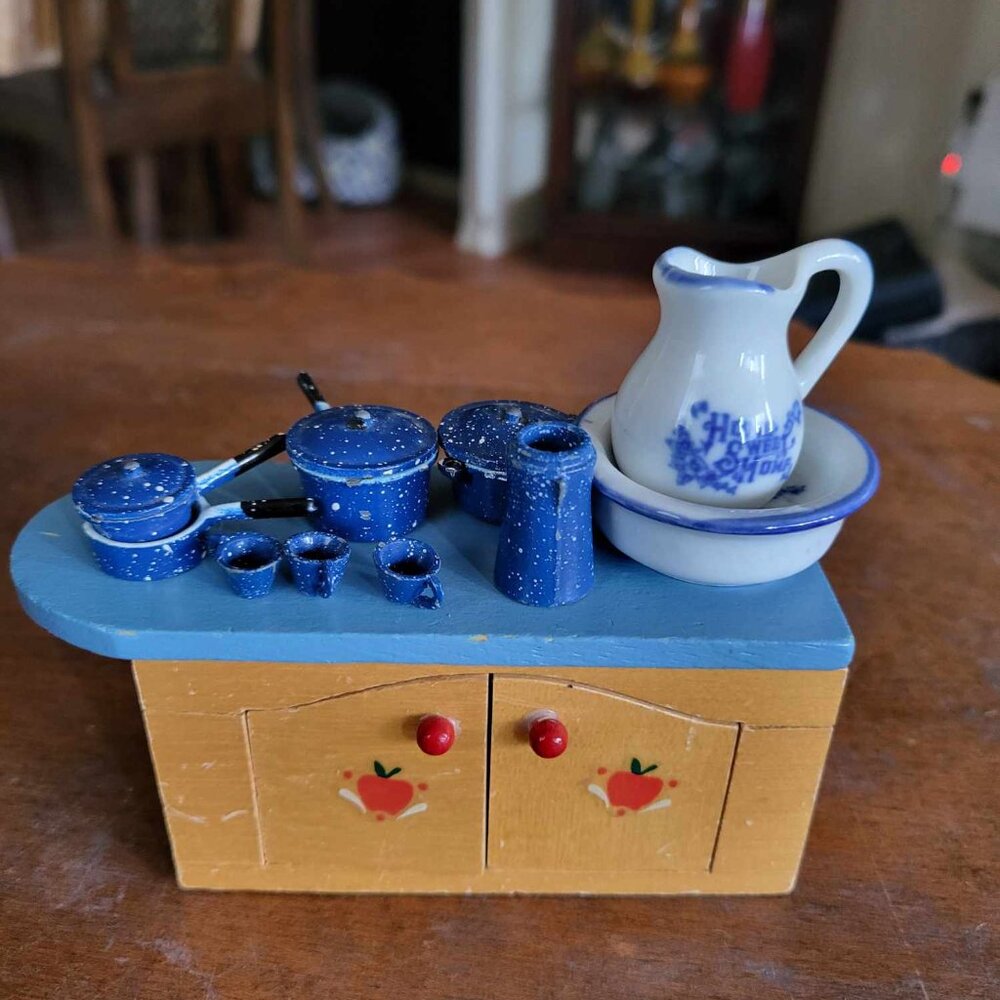 Vintage Dollhouse Kitchen Island with Enamel, Cast Iron & Ceramic Pots & Pans.